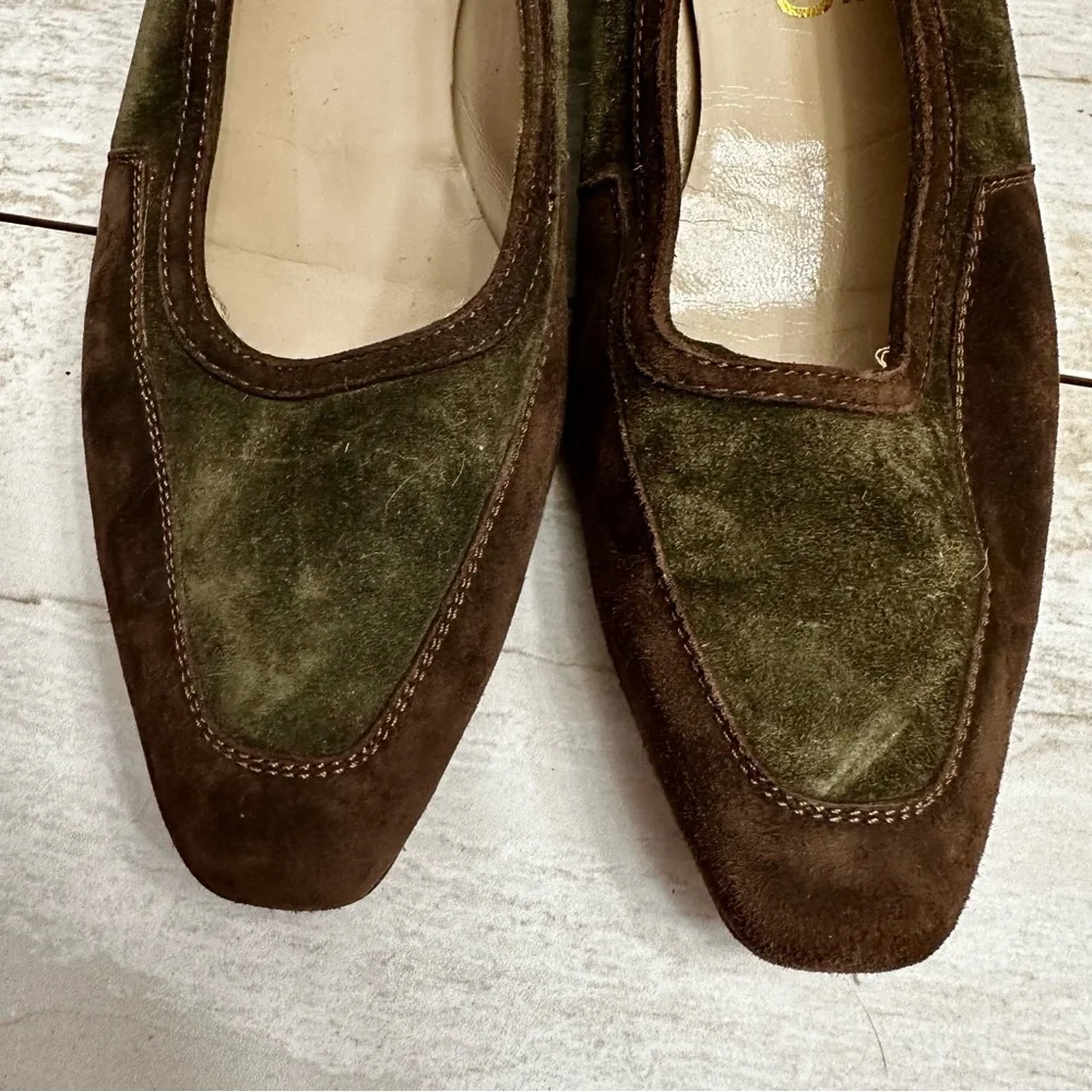 Salvatore Ferragamo Women Sz 9.5 AA Brown Green Suede Vintage Boho Chic Slip Ons